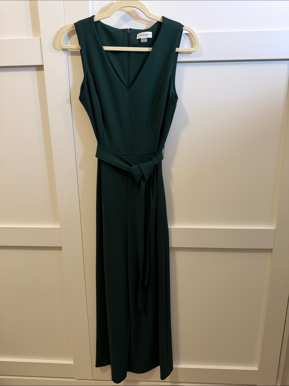 Calvin Klein Deep Green Sleeveless V-Neck Jumpsuit with Waist Tie